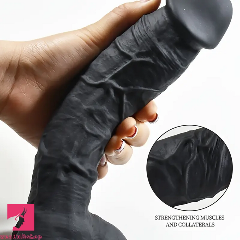 9.4in Realistic Texture Solid Black Silicone Soft Big Dildo For Vagina