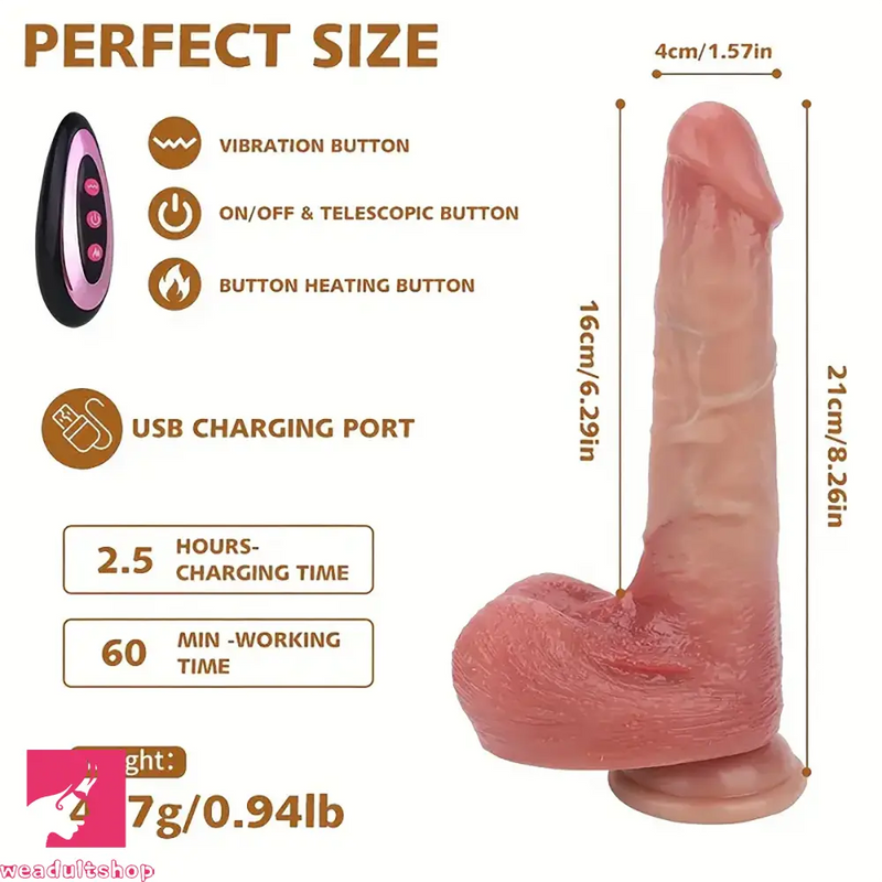 8.26in Wireless Vibrating Thrusting Heating Silicone Strap on Dildo