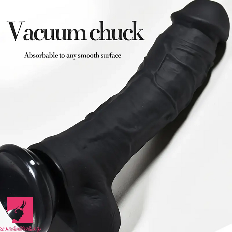 9.4in Realistic Texture Solid Black Silicone Soft Big Dildo For Vagina