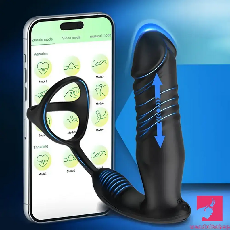 5.91in Black Auto Vibrating Thrusting APP Controlled Dildo With Penis Ring