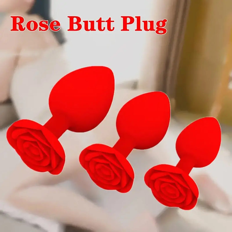 Men Women Rose Flower Silicone Butt Plugs Anal Sex Training Set