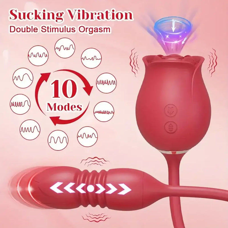 3-in-1 Rose Stimulator Women 10 Sucking Vibrating Thrusting Dildo