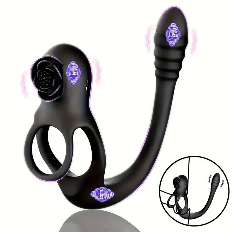 Upgraded Vibrating Penis Ring Rose Clitoris Vibrator With Butt Plug